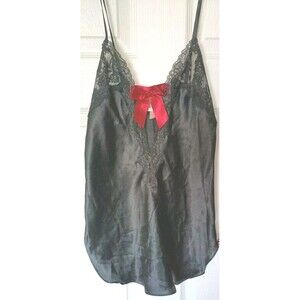 Victoria's Secret Satin Chemise Slip Size XS Black Lace Nightie Lingerie Red Bow
